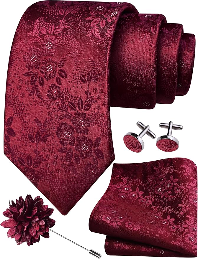 GUSLESON 3.15"（8cm） Mens Floral Tie and Lapel Pin Necktie Hankerchief Cufflinks Set for Men