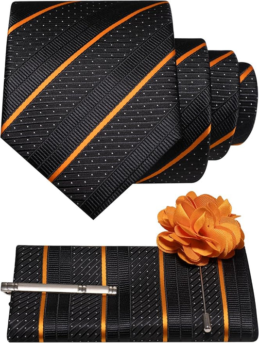 JEMYGINS Mens Striped Tie and Lapel Pin Necktie Pocket Square with Tie Clip Sets for Business Casual 4PCS