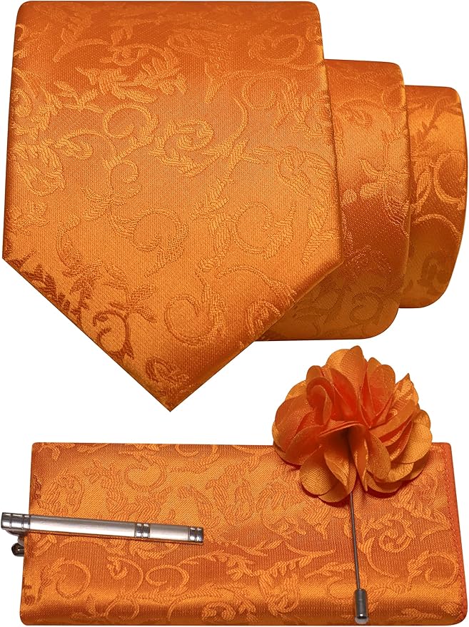 JEMYGINS Mens Floral Tie and Lapel Pin Necktie Pocket Square and Tie Clip with Sets for Business Casual 4PCS