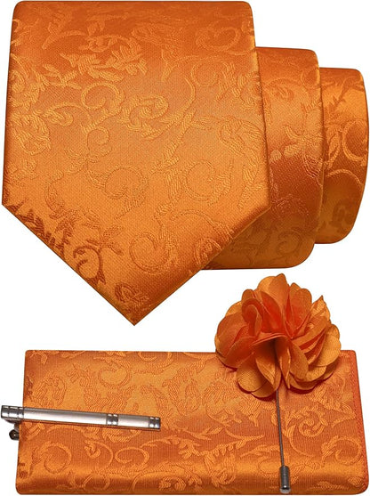 JEMYGINS Mens Floral Tie and Lapel Pin Necktie Pocket Square and Tie Clip with Sets for Business Casual 4PCS