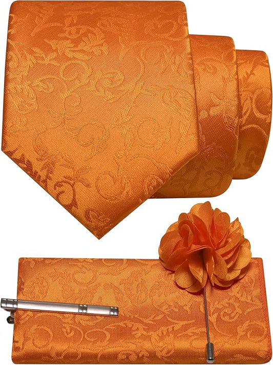 JEMYGINS Mens Floral Tie and Lapel Pin Necktie Pocket Square and Tie Clip with Sets for Business Casual 4PCS