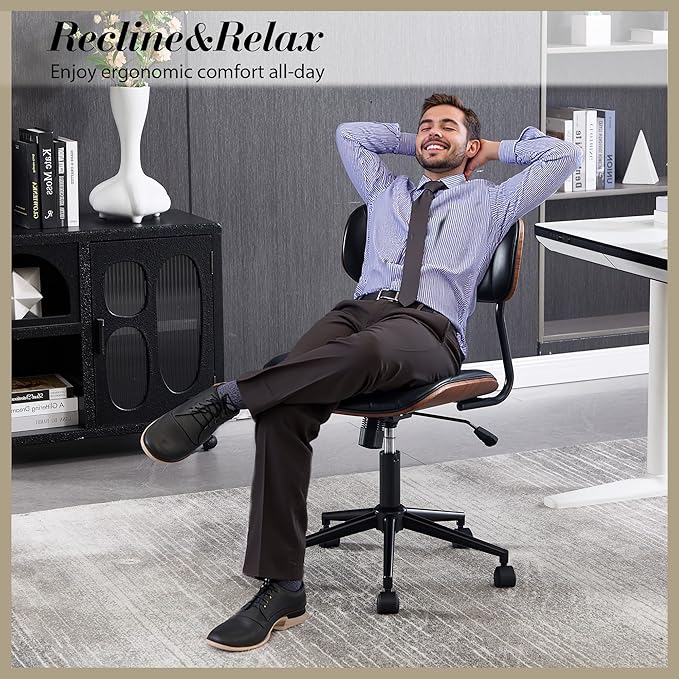 Modern Walnut Home Office Chair，Adjustable Height Desk Chair with Wheels，Armless Computer Chair for Office, Reading Meeting Room, Black