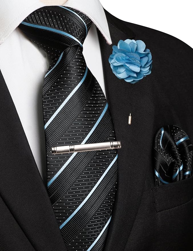 JEMYGINS Mens Striped Tie and Lapel Pin Necktie Pocket Square with Tie Clip Sets for Business Casual 4PCS