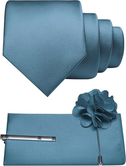 JEMYGINS Formal Necktie Solid Color Tie and Pocket Square with Tie Clip Lapel Pin Sets for Men 4PCS
