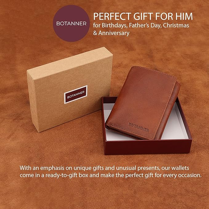 Genuine Leather Mens Trifold Wallet RFID Blocking with 6 Credit Card Slots 1 ID Window Section for Bills 2 Hidden Pockets | Tan