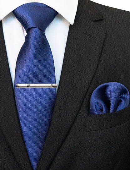 JEMYGINS Solid Color Formal Necktie and Pocket Square Tie Clip Sets for Men