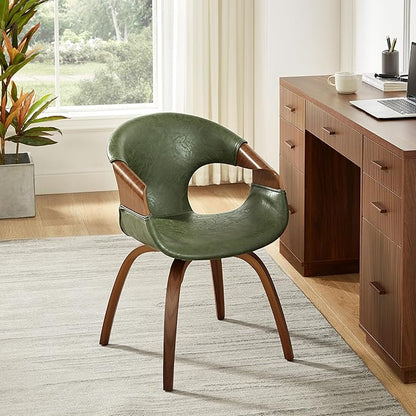 Art Leon Desk Chair No Wheels, Mid Century Modern Office Chair, Faux Leather Upholstered Swive Chair with Wood Legs for Living Room Bedroom, Walnut Bentwood, Green/Walnut