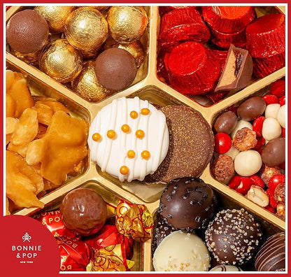 BONNIE AND POP - Holiday Snack Gift Tin, Round, Modern Pattern, Assorted Treats: Belgian Truffles, Chocolate Covered Oreos, Peanut Brittle and Candy Nuts