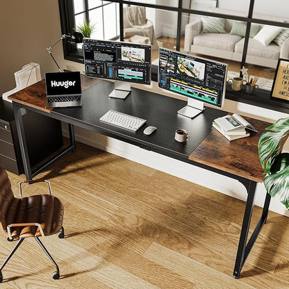Huuger Computer Desk, 70 Inch Office Desk, Gaming Desk with Storage, Writing Desk Work Desk for Home Office, Study, Long Simple Desk, Large Legroom, Metal Frame, Rustic Brown and Black
