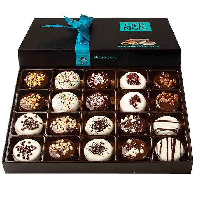 Oh! Nuts Chocolate Covered Cookie Gift Baskets - 20 Variety Gourmet Assortment Sandwich Cookies - Prime Elegant Box Gifts for Birthday, Anniversary, Holiday Season, Mom, Dad