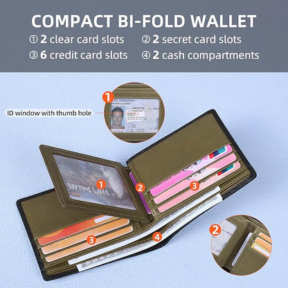 VISOUL Leather Mens Bifold RFID Blocking Wallet with 2 ID Windows, Leather Wallet for Men (Carbon Fiber, Black+Green)