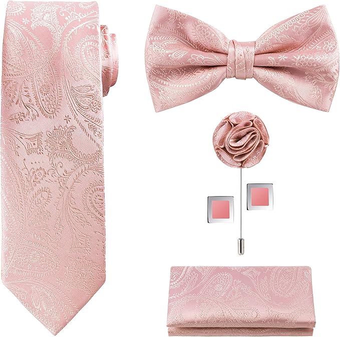 TIE G 5pcs Tie Set in WHITE OR BLACK GIFT BOX: Solid Color Necktie, Satin Bow Tie, Pocket Square, Lapel, Cuff Links