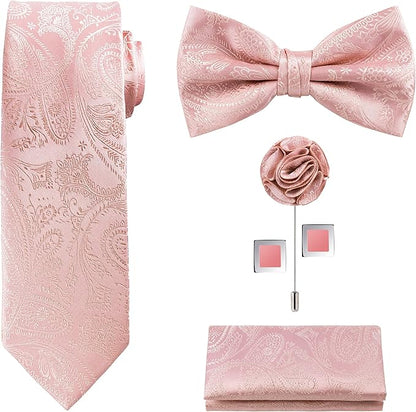 TIE G 5pcs Tie Set in WHITE OR BLACK GIFT BOX: Solid Color Necktie, Satin Bow Tie, Pocket Square, Lapel, Cuff Links