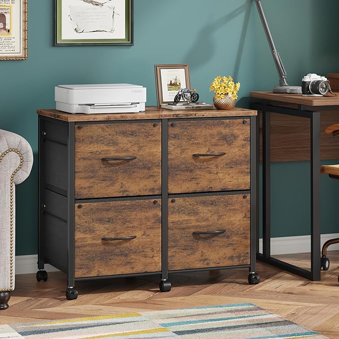 4 Drawer Lateral File Cabinet, Mobile Filing Cabinet for Large Printer, Home Office Functional Small Office Storage Cabinet & Printer Stand, Fits Letter/A4, 30.4''W, Rustic Brown