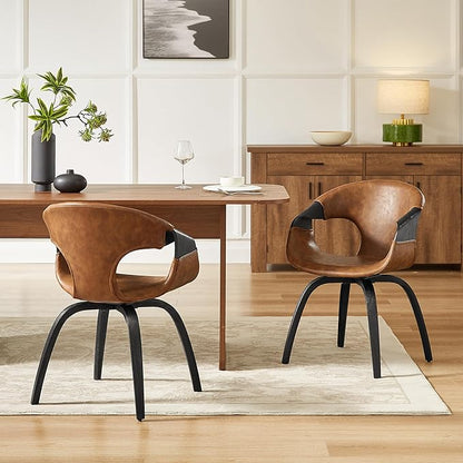 Art Leon Desk Chair No Wheels, Mid Century Modern Office Chair, Faux Leather Upholstered Swive Chair with Wood Legs for Living Room Bedroom, Walnut Bentwood, Brown/Walnut