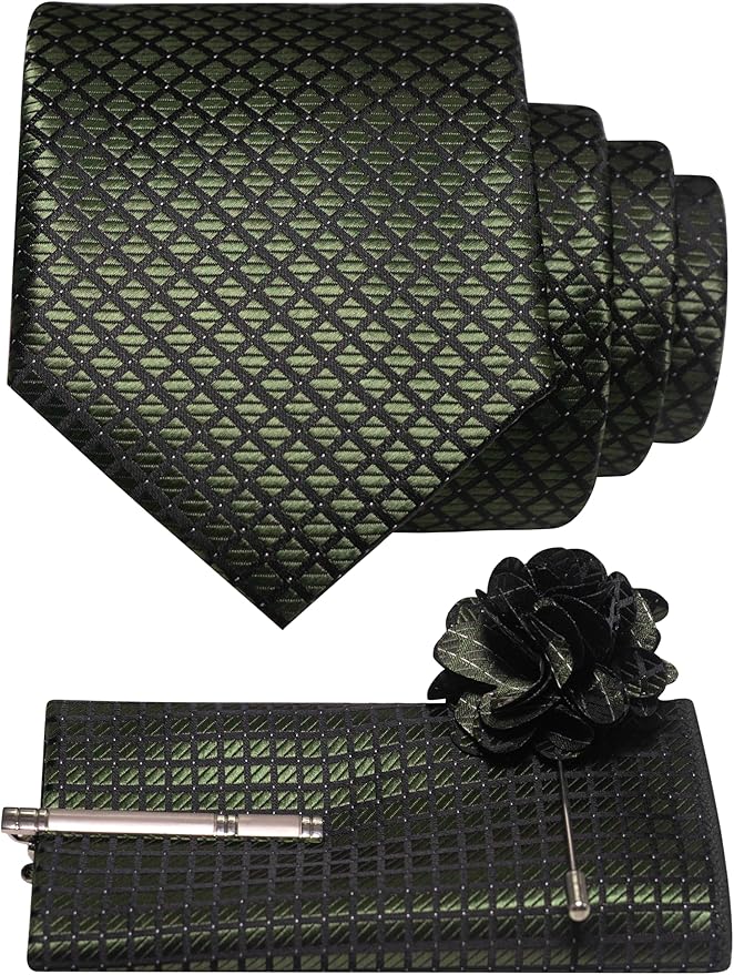 JEMYGINS Mens Solid Color Plaid Tie and Lapel Pin Necktie Pocket Square and Tie Clip with Sets for Business Casual 4PCS