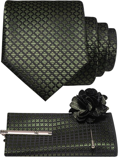 JEMYGINS Mens Solid Color Plaid Tie and Lapel Pin Necktie Pocket Square and Tie Clip with Sets for Business Casual 4PCS