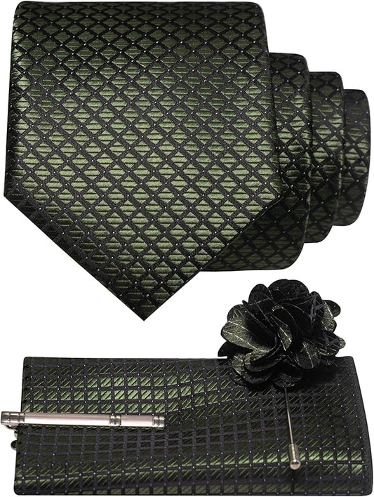 JEMYGINS Mens Solid Color Plaid Tie and Lapel Pin Necktie Pocket Square and Tie Clip with Sets for Business Casual 4PCS