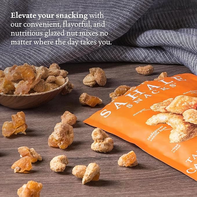 Sahale Snacks Tangerine Vanilla Cashew-Macadamia Glazed Mix,1.5 oz Grab & Go Bags(18 Packs)Dry-Roasted Deluxe Mixed Nuts with Mangoes & Madagascar Vanilla-Non-GMO,Kosher,& Certified Gluten Free Snacks