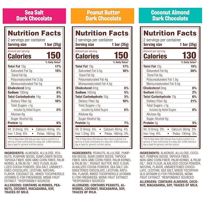Munk Pack Peanut Butter Dark Chocolate Nut & Seed Snack Bars Stocking Stuffers | 5g Protein, 1g Sugar - Gluten-Free, Low Sugar, Plant-Based - Coconut Almond, Variety Pack, Sea Salt Snacks | 6 Count