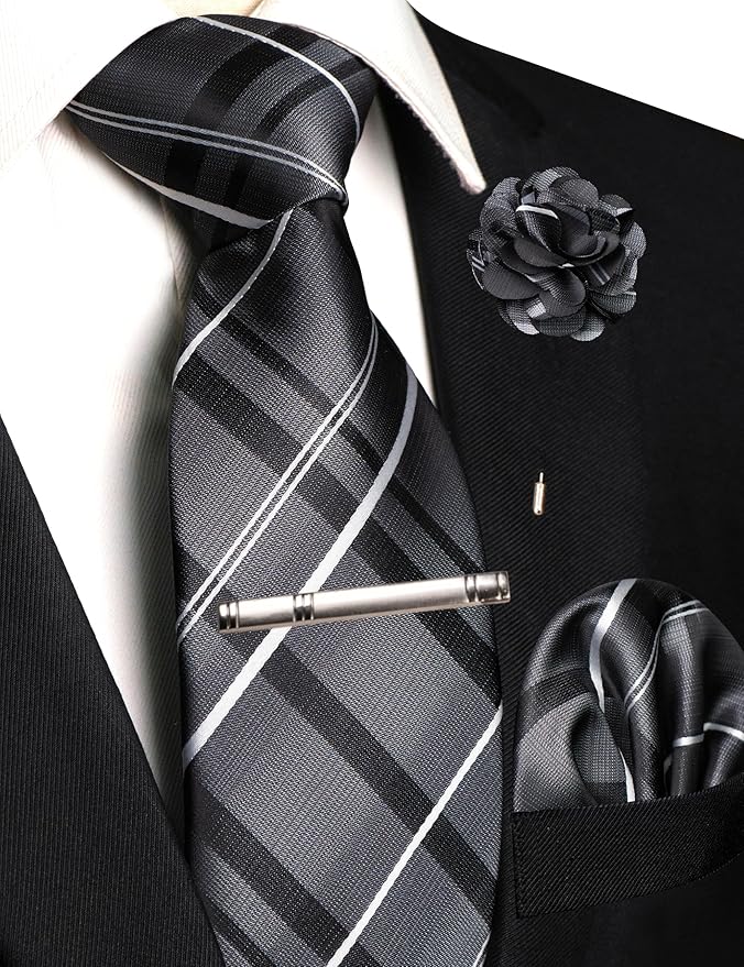 JEMYGINS Mens Striped Tie and Pocket Square with Tie Clip Lapel Pin Set 4PCS