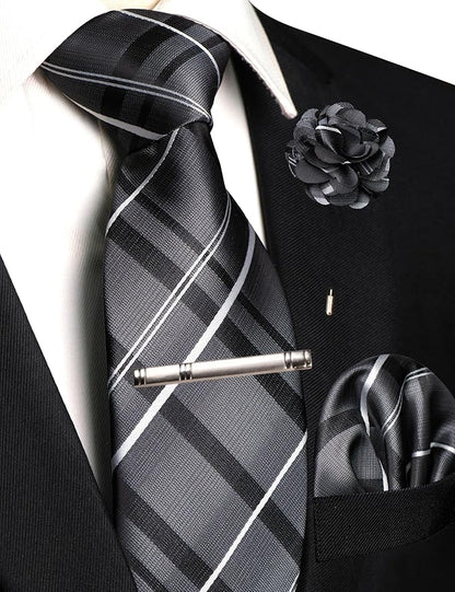 JEMYGINS Mens Striped Tie and Pocket Square with Tie Clip Lapel Pin Set 4PCS