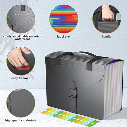 Marati 25 Pockets Expanding File Folders with Handle,Accordion File Organizer,Portable Filing Box,Colored Tabs for Document Paper,A4/Letter Size,Black
