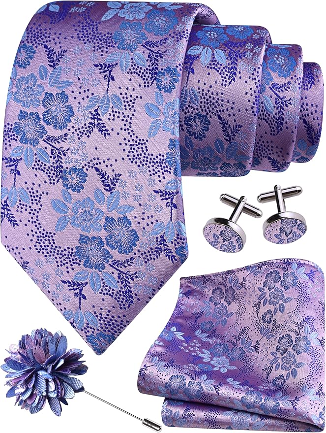 GUSLESON 3.15"（8cm） Mens Floral Tie and Lapel Pin Necktie Hankerchief Cufflinks Set for Men