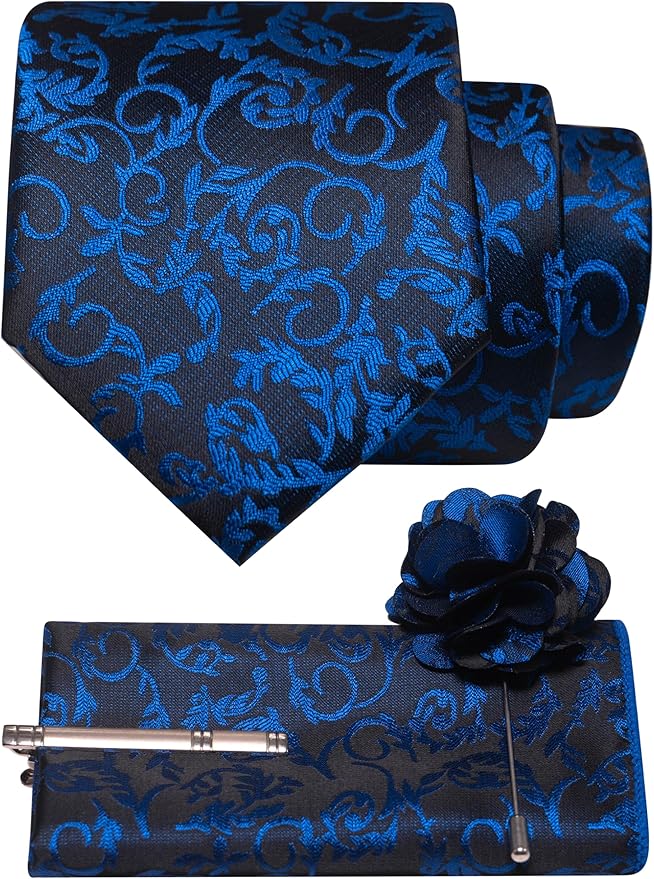 JEMYGINS Mens Floral Tie and Lapel Pin Necktie Pocket Square and Tie Clip with Sets for Business Casual 4PCS