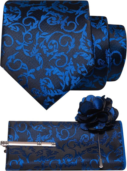 JEMYGINS Mens Floral Tie and Lapel Pin Necktie Pocket Square and Tie Clip with Sets for Business Casual 4PCS