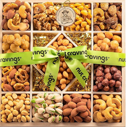 NUT CRAVINGS - Thanksgiving Mixed Nuts Gift Basket in Reusable Diamond Wooden Tray + Green Ribbon (13 Assortments) Holiday Xmas Christmas Food Arrangement Healthy Snack Care Package