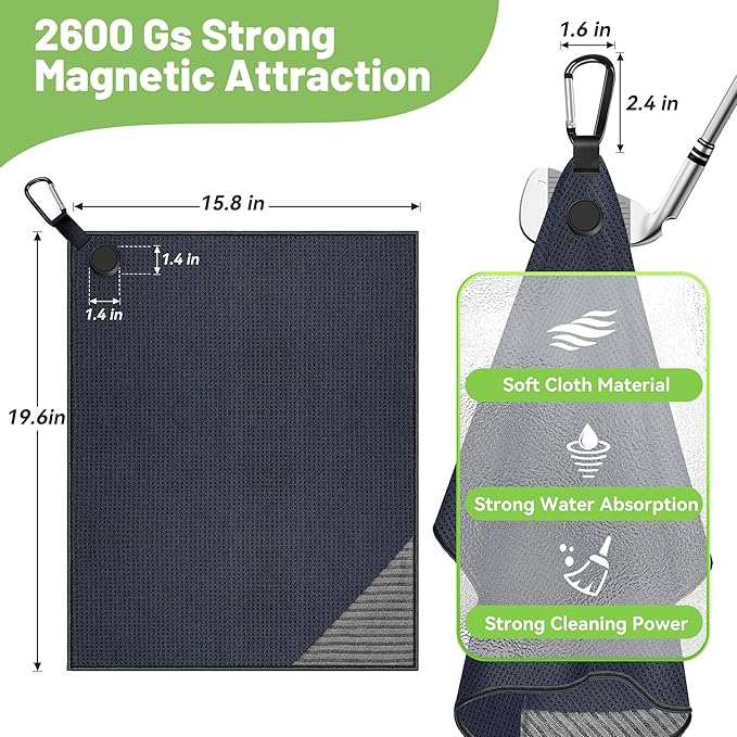 2 Pack Magnetic Golf Towels with Clips, Steel Wire Cleaning Cloth, Ultra Absorbent Microfiber, Waffle Pattern Golf Towel with Magnet for Men Women, Golf Accessories for Golf Bags, Carts or Clubs