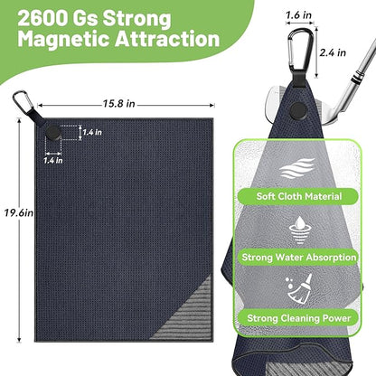 2 Pack Magnetic Golf Towels with Clips, Steel Wire Cleaning Cloth, Ultra Absorbent Microfiber, Waffle Pattern Golf Towel with Magnet for Men Women, Golf Accessories for Golf Bags, Carts or Clubs