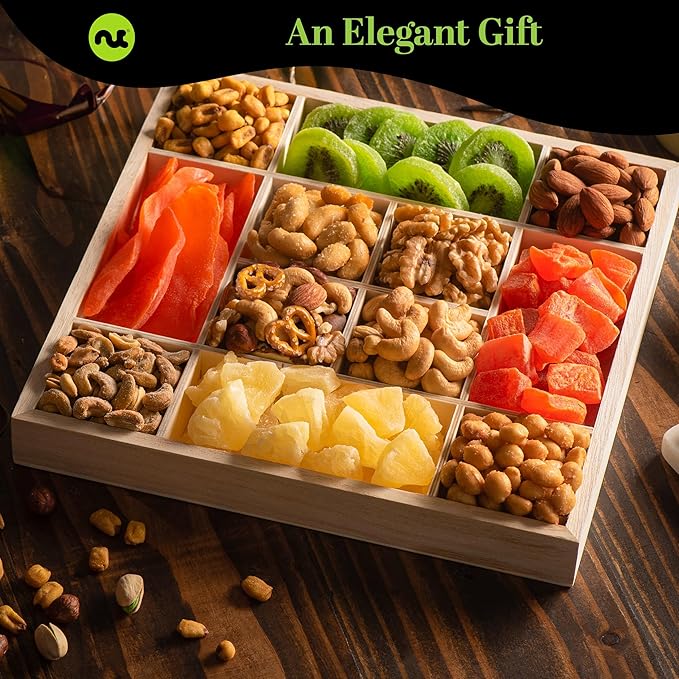 NUT CRAVINGS Gourmet Collection - Happy Birthday Treats, Dried Fruit & Mixed Nuts Gift Basket with Bday Ribbon in Reusable Wooden Tray (12 Assortments) Food Arrangement, Healthy Snack Food Assortments