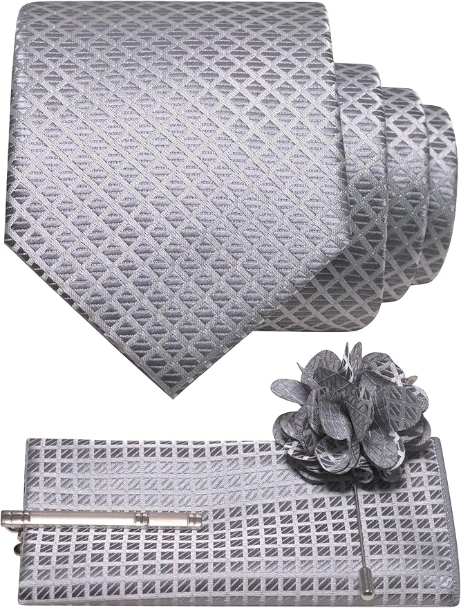 JEMYGINS Mens Solid Color Plaid Tie and Lapel Pin Necktie Pocket Square and Tie Clip with Sets for Business Casual 4PCS