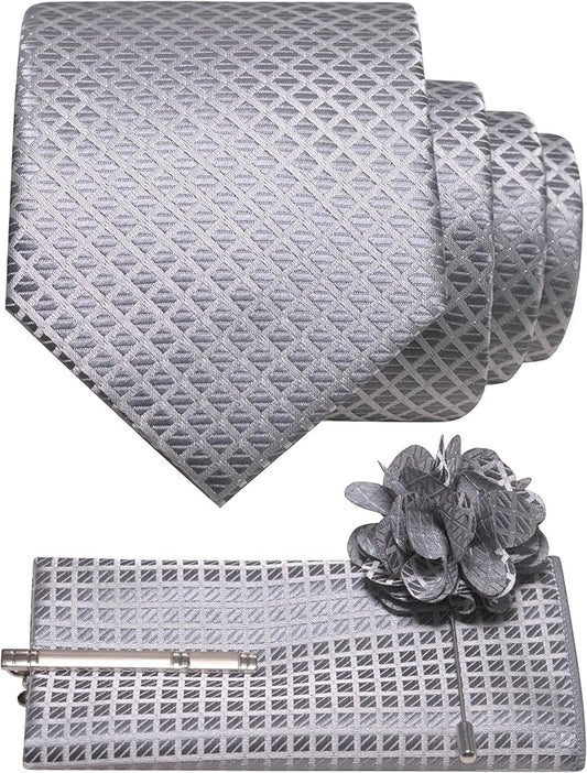 JEMYGINS Mens Solid Color Plaid Tie and Lapel Pin Necktie Pocket Square and Tie Clip with Sets for Business Casual 4PCS