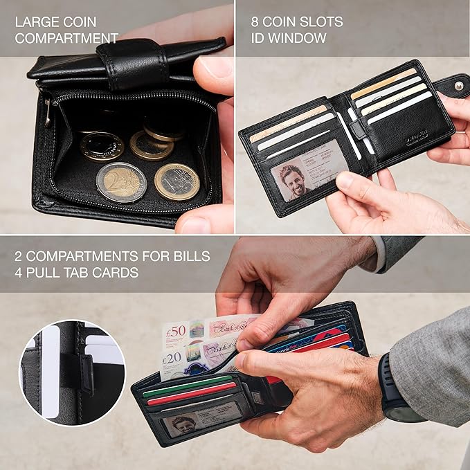 Soft Leather Wallet for Men - Mens Wallet Bifold with Zipper Coin Pocket - Holds Bills, Credit Cards, Coins - Carteras para Hombres Piel - Billeteras de Hombres Cuero Original - RFID Blocking.