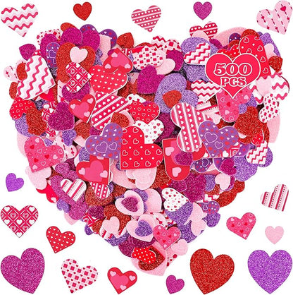 500 PCS Valentines Stickers, Self-Adhesive Foam Heart Stickers for Craft Lovers, 3 Sizes Glitter Polka Dots Stripe Valentines Decor, Bulk Valentine Crafts Red Pink DIY Decor for Frames Presents Cards