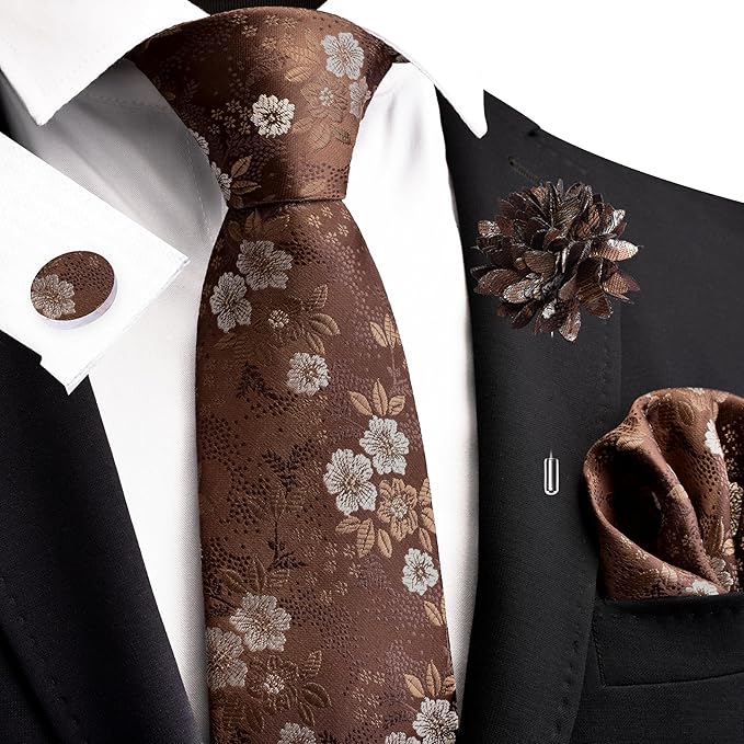 GUSLESON 3.15"（8cm） Mens Floral Tie and Lapel Pin Necktie Hankerchief Cufflinks Set for Men