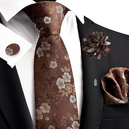 GUSLESON 3.15"（8cm） Mens Floral Tie and Lapel Pin Necktie Hankerchief Cufflinks Set for Men