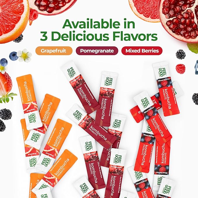 FeelGood Superfoods Kombucha Iced Tea Packets, Delicious Grapefruit Flavored Refreshing Instant Kombucha Powder Fizzy Drink, Probiotic Supplement for Gut Health, 14 pack