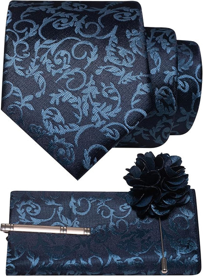 JEMYGINS Mens Floral Tie and Lapel Pin Necktie Pocket Square and Tie Clip with Sets for Business Casual 4PCS