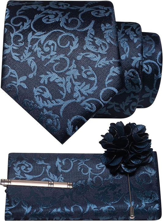 JEMYGINS Mens Floral Tie and Lapel Pin Necktie Pocket Square and Tie Clip with Sets for Business Casual 4PCS