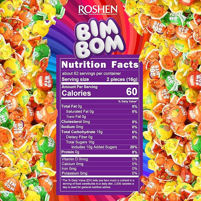 Roshen Bim Bom Hard Candy with Fruit Flavor Filling Kosher and Halal, Delicious, Flavorful Hard Sweets Bulk Candy 1kg/2.2lbs