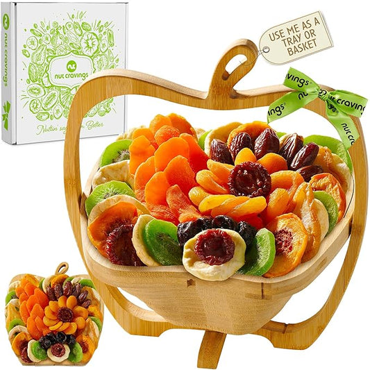 NUT CRAVINGS - Thanksgiving Dried Fruit Flower Arrangement Gift Basket in Wooden Apple-Shaped Gift Basket + Tray (9 Assortment) Holiday Xmas Christmas Healthy Snack Care Package