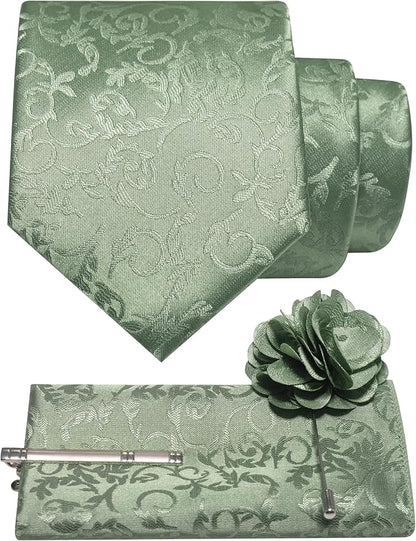 JEMYGINS Mens Floral Tie and Lapel Pin Necktie Pocket Square and Tie Clip with Sets for Business Casual 4PCS