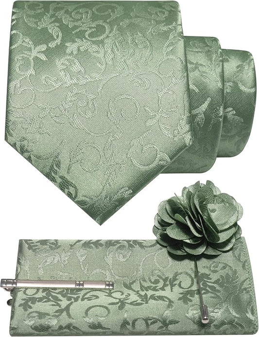 JEMYGINS Mens Floral Tie and Lapel Pin Necktie Pocket Square and Tie Clip with Sets for Business Casual 4PCS