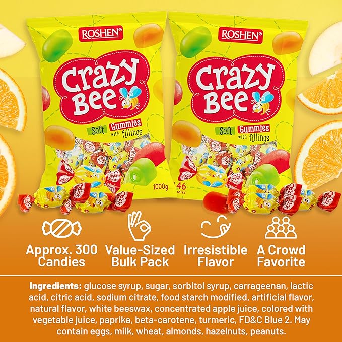Roshen Crazy Bee Jelly Candy, Assorted Fruit Flavors with Soft Fruit Filling, Bulk 2.2 lbs (1 kg) Individually Wrapped Gems, Kosher & Halal, Made with Natural Juice (Pack of 2)