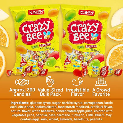 Roshen Crazy Bee Jelly Candy, Assorted Fruit Flavors with Soft Fruit Filling, Bulk 2.2 lbs (1 kg) Individually Wrapped Gems, Kosher & Halal, Made with Natural Juice (Pack of 2)