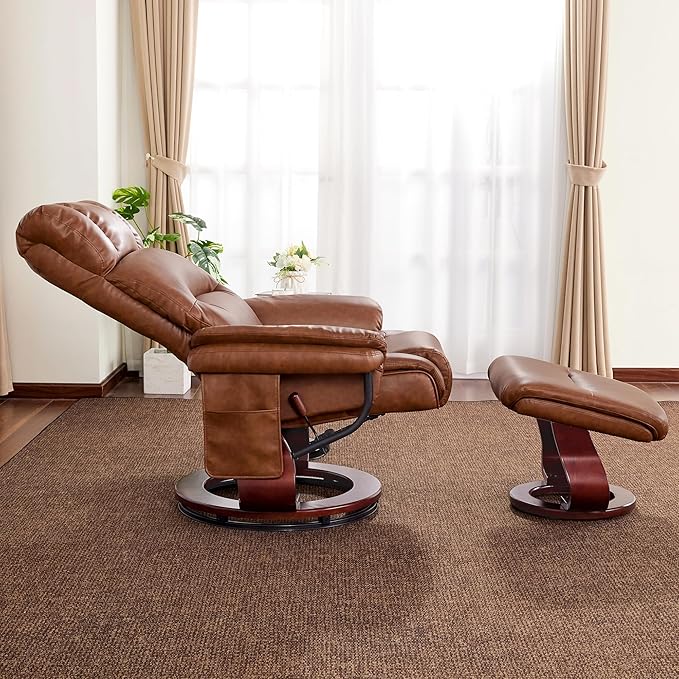 MCombo Swivel Recliners with Ottoman, Reclining TV Chairs with Vibration Massage, Faux Leather Ergonomic Lounge Chair for Living Room Bedroom 4832 (Saddle)